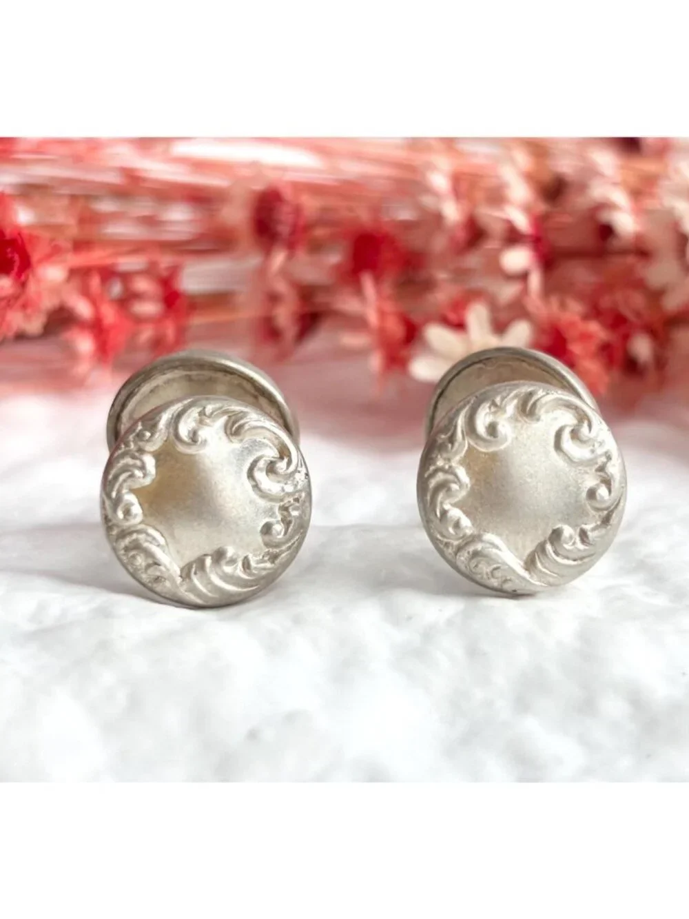 Repousse Round Raised Floral Sterling Silver 925 Men's Cufflinks